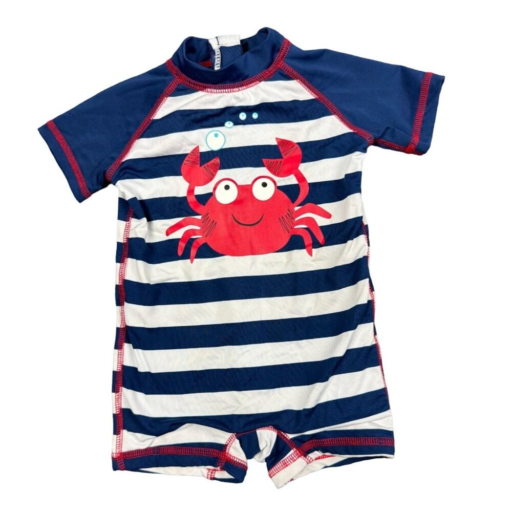 Wippette Baby Boy 0-6 1Piece Rashguard Swimsuit Swim Crab Striped Blue White